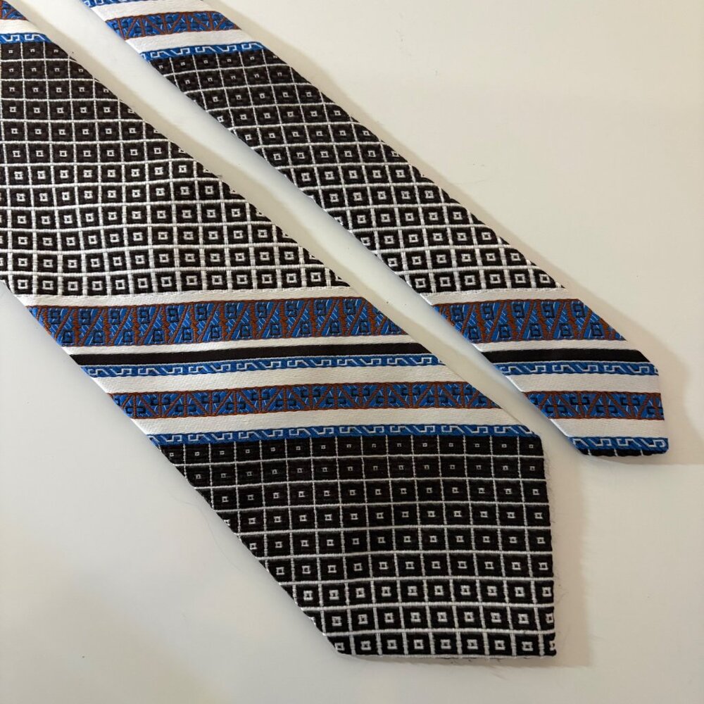 Vintage FC Geometric Striped Tie Mens Necktie Blue Brown Polyester Retro Office